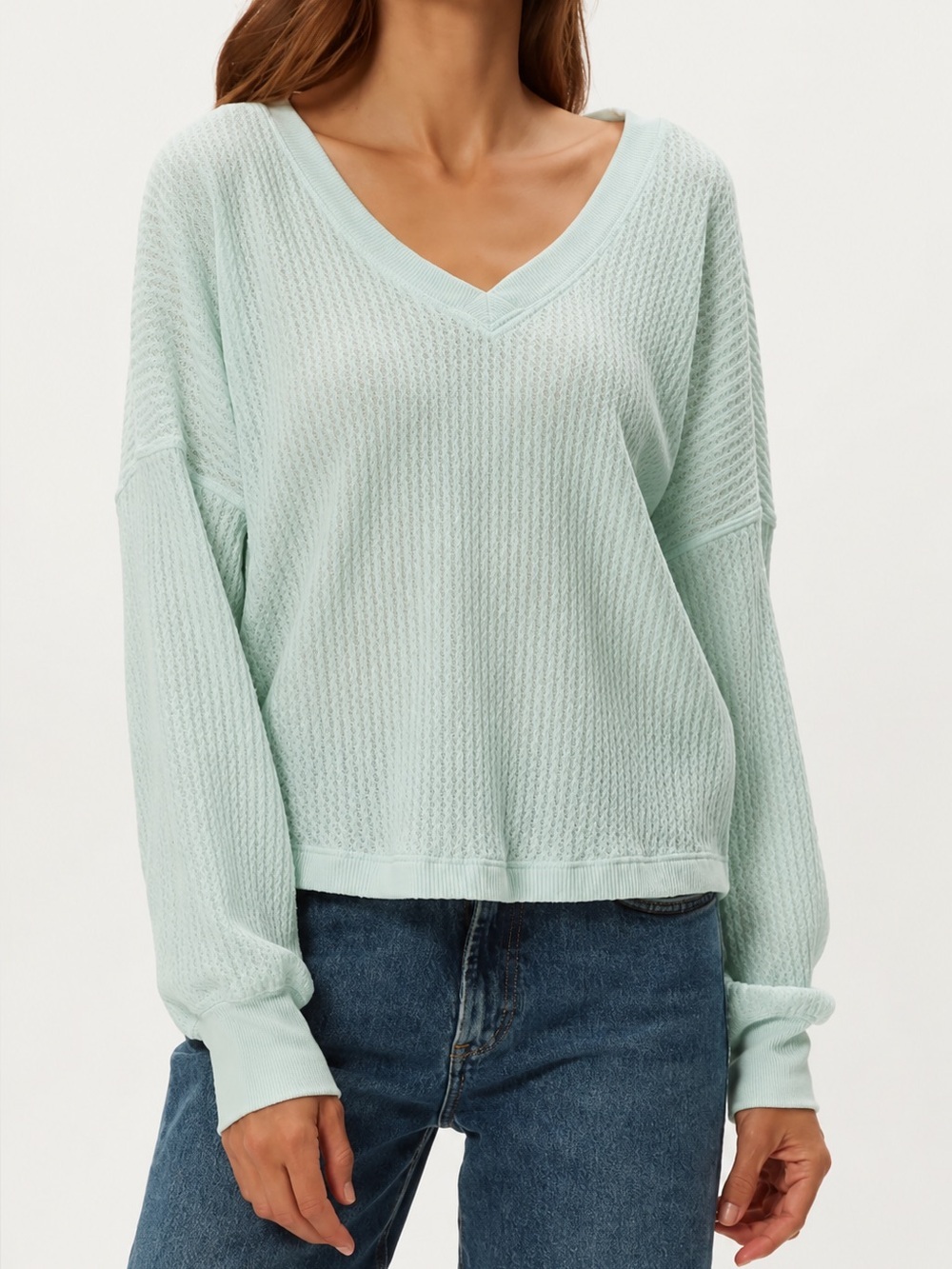 Free People We The Free Seafoam Green Waffle Knit VNeck Top Size Small Oversized
